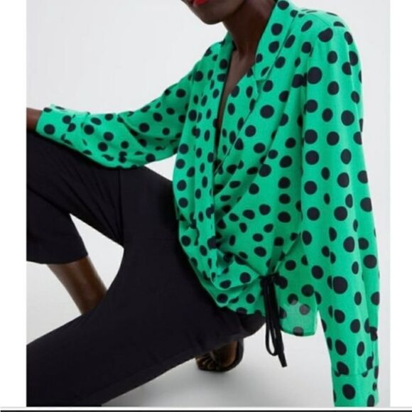 Zara Green Polka Dot Tie Blouse size M - Picture 2 of 9